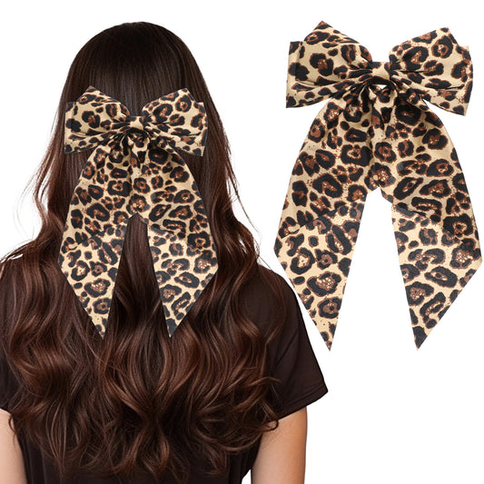 HJZHII Leopard Hair Bow Clip, Cheetah Print Bow Barrette Bowknot Hairpin with Long Tail Ponytail Holder Hair Ribbon for Women Girls Accessories Decor, Yellow