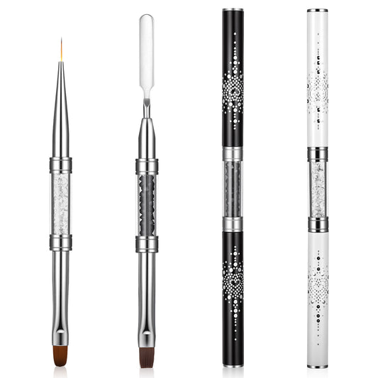 HJZHII 4 Pcs Double Ended Nail Builder Gel Brush, Oval Hard Gel Brush French Tip Liner Brushs Rhinestone Handle Nail Brush Professional Nail Art