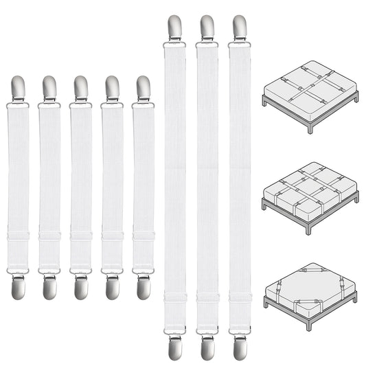 HJZHII 8 Pcs Bed Sheet Clips, Adjustable Bed Sheet Fasteners White Sheets Suspenders Elastic SheetStraps Fitted Beds SheetGrippers to Keep Your Sheets in Place(White,70-130cm, 35-68cm)