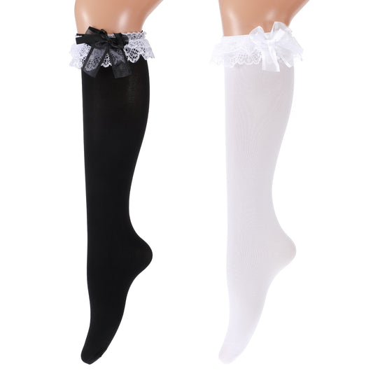 MBAIYO 2 Pairs Knee High Socks with Bow, Women's Lace Ruffle Over The Knee Socks Women's Soft Solid Lace Thigh High Stock Black Lolita Sock Cute Princess Style High Sock for Daily Wear (White + Black)