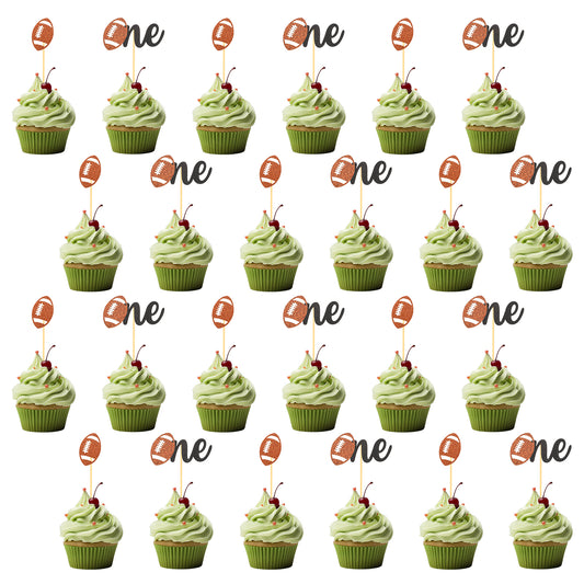 Andibro 24Pcs Football 1st Birthday Cupcake Toppers, Glitter Football Sports Theme Cake Decorations Baby Shower Party Supplies