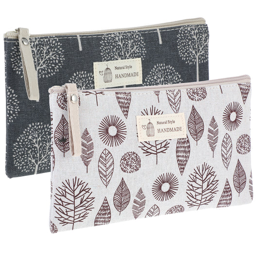 JIEYAO 2 Pcs Small Canvas Makeup Bags, Cute Cosmetic Bag, Printed Zipper Pouch Travel Toiletry Bag Multi-Function Organizer Bag Gift for Women Girls Christmas Stocking Stuffers(Leaf+Tree)