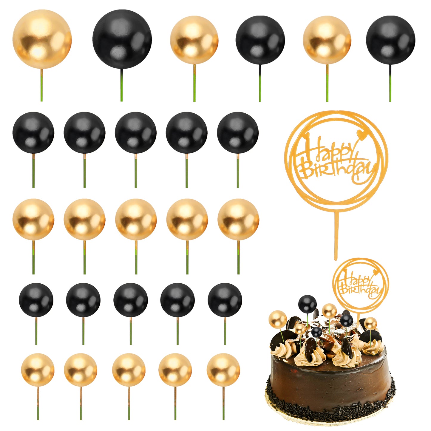 JIYIN Mini Ball Cake Topper, 27 PCS Black & Gold Ball Shaped Cupcake Toppers Foam Balls Cake Picks Cake Topper Balls Cake Decoration Supplies for Birthday Wedding Anniversary Valentines Party