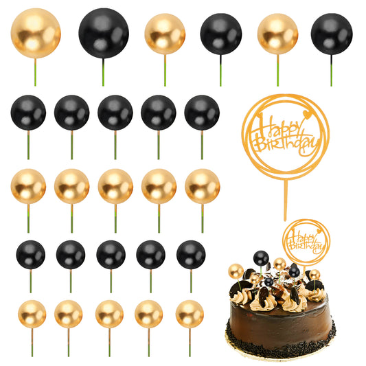 JIYIN Mini Ball Cake Topper, 27 PCS Black & Gold Ball Shaped Cupcake Toppers Foam Balls Cake Picks Cake Topper Balls Cake Decoration Supplies for Birthday Wedding Anniversary Valentines Party