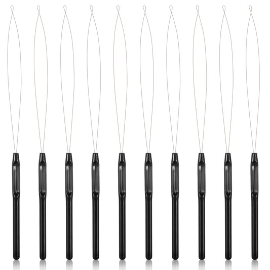 AOZUO 10 Pcs Hair Extension Loop Needle, Nano Beads Hair Extensions Threader Pulling Hook Tool Micro Loop Nano Beads Device Hair Extension Threader for Hair Feather Extensions(Black)