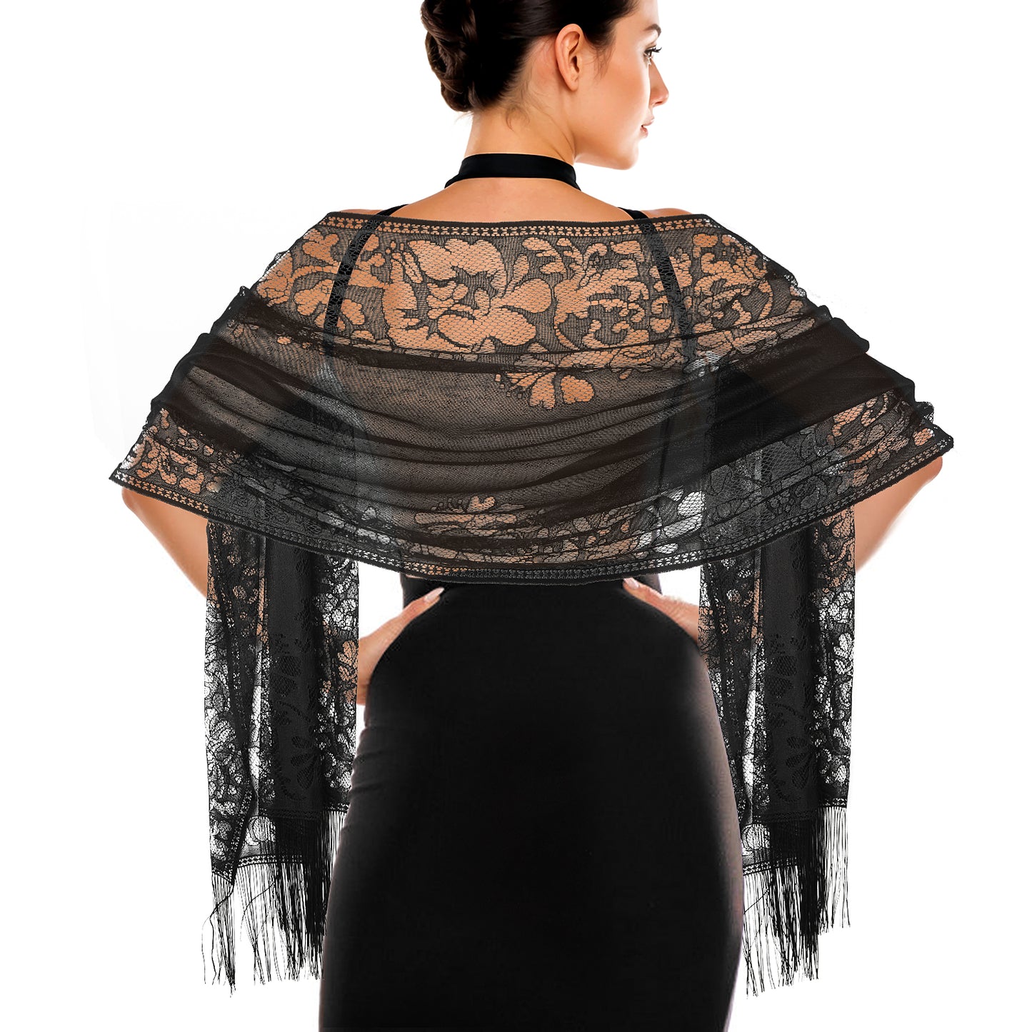 Jeffdad Women's Evening Lace Scarf Shawl wif Tassels for Women's Evening Dress Evening Party Mesh Wedding Shawls (Black)