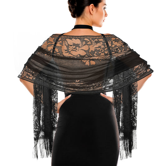 Jeffdad Women's Evening Lace Scarf Shawl wif Tassels for Women's Evening Dress Evening Party Mesh Wedding Shawls (Black)