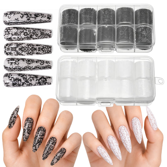 JJUNW 20 Rolls Lace Nail Foil, Lace Nail Art Foil Transfer Sticker Kit Holographic Foils for Nails Design Manicure Stickers for DIY Acrylic Nails Decoration Manicure Accessories for Women Girls