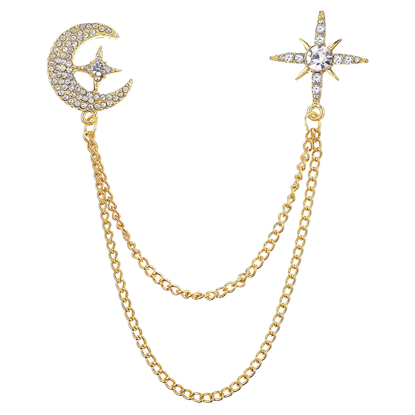 MBAIYO Rhinestone Moon Star Brooch for Women, Silver Crystal Chain Lapel Pin Vintage Sweater Dress Hat Suit Accessories Jewelry Gift(Gold)