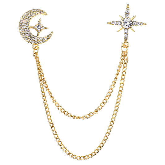 MBAIYO Rhinestone Moon Star Brooch for Women, Silver Crystal Chain Lapel Pin Vintage Sweater Dress Hat Suit Accessories Jewelry Gift(Gold)