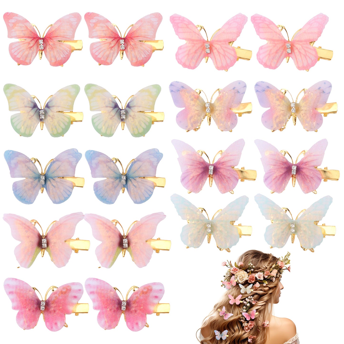 SHENLIU 18Pcs Moving Butterfly Hair Clips, Glitter Butterfly Clips for Girl Cute Fairy Hair Accessories for Themed Party Prom Wedding Back to School