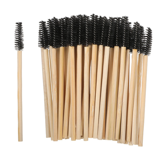 LXUEJIE 100 Pcs Disposable Mascara Wands, Bamboo Handle Nylon Bristles, Black Eyelash Spoolies Eyebrow Brush Makeup Kit, Eyelash Extension Applicator Makeup Tool (Disposable Lash & Mascara Wands)