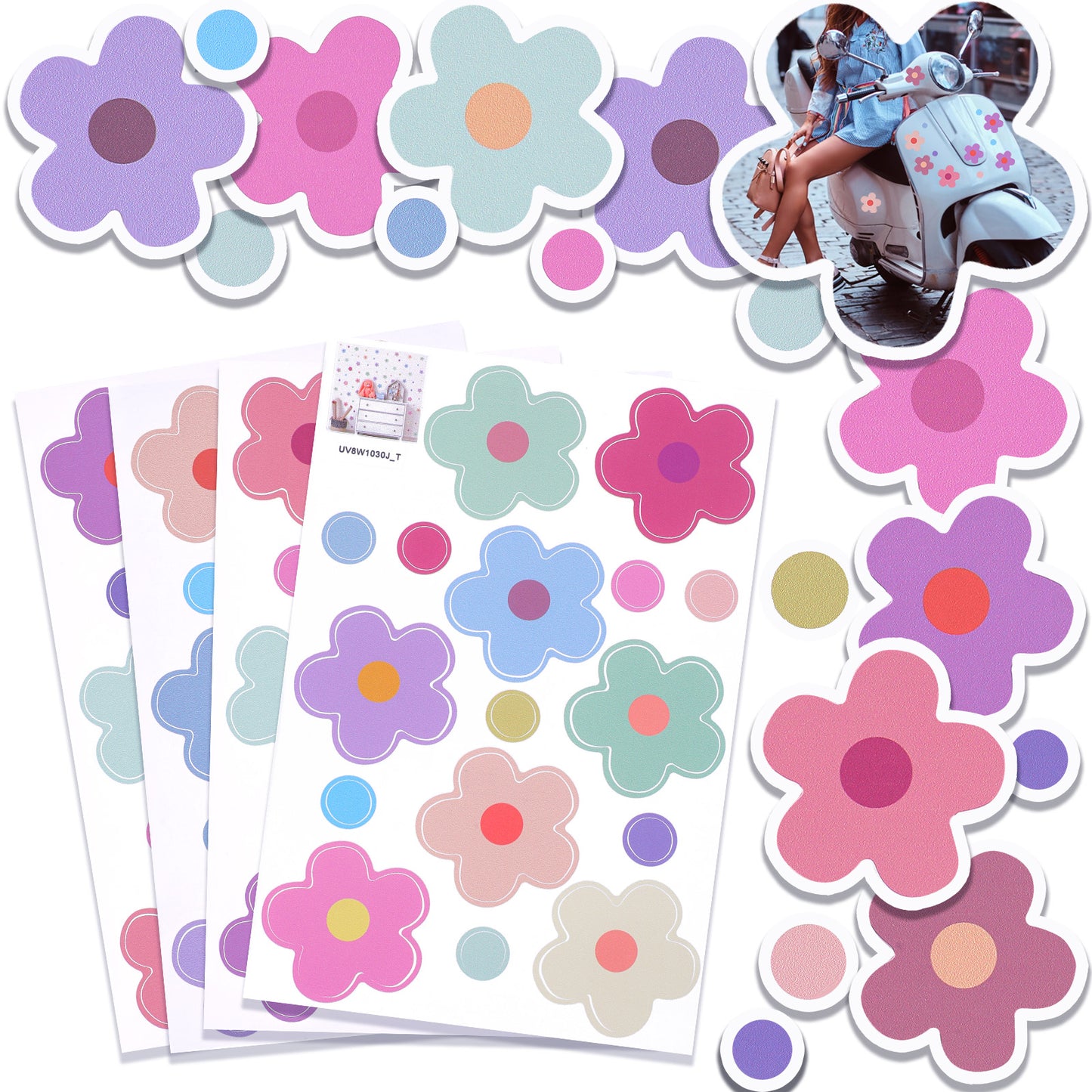 XLIUAX 70Pcs Flowers Bike Stickers, Waterproof Flower Car Decals, Self Adhesive Bicycle Sticker Motorcycle Bus Helmet Scooter Vinyl Stickers for Ebike Window Journal Planner Laptop Luggage Decoration