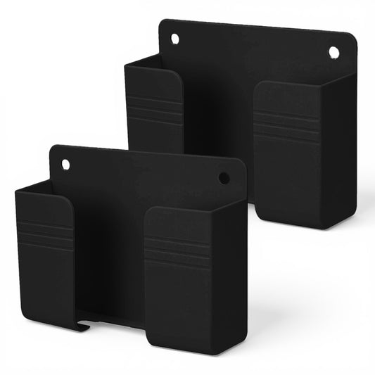 LXUEJIE 2 Pcs Wall Mount Phone Holder, Phone Stand with Self-Adhesive with Data Cable Receiving Hole, Charger Remote Control Storage Box for Bedroom, Living Room, Bathroom, Kitchen, Office (Black)