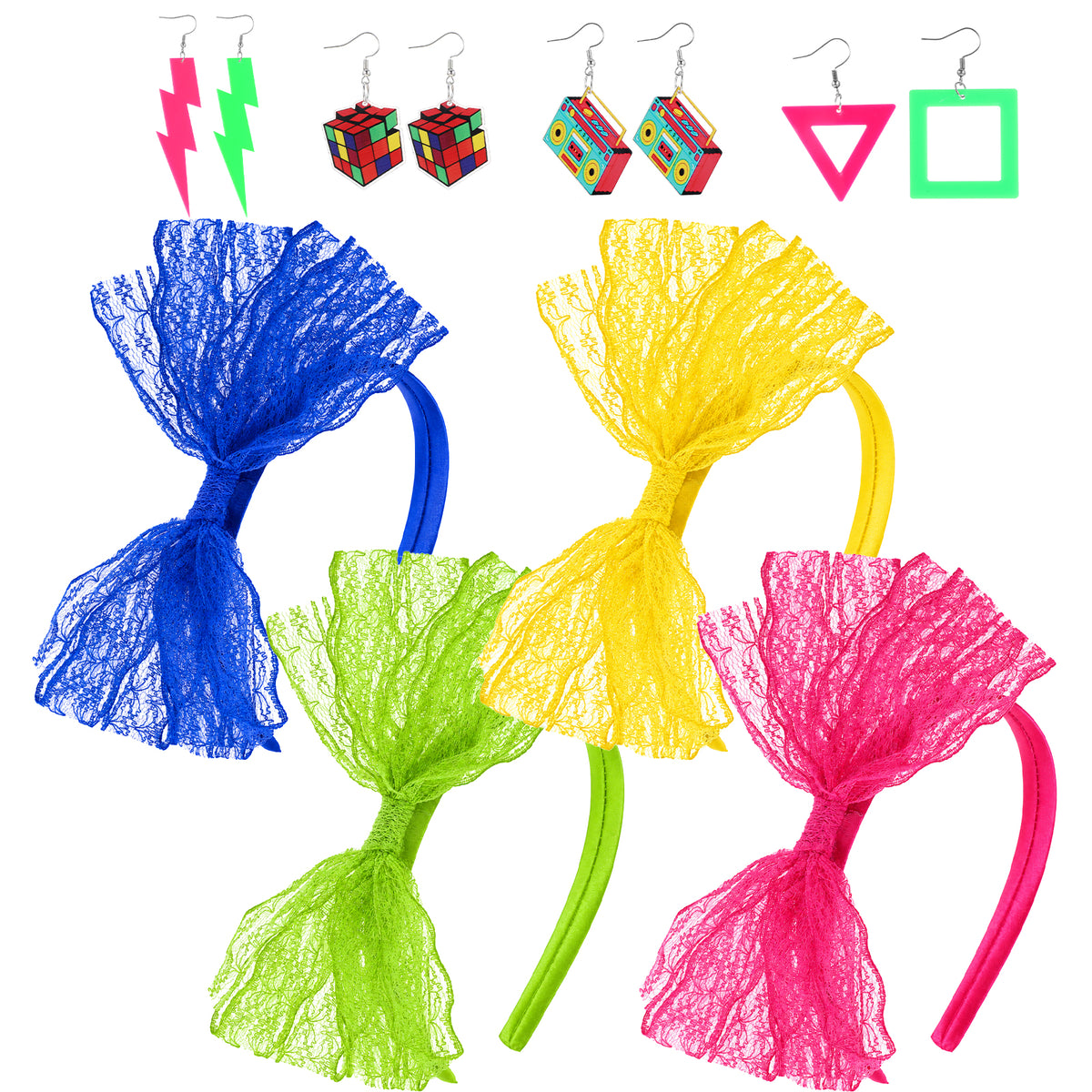 Yuanchu 80s Accessories for Women, Neon Lace Bow Headband & Earrings Set