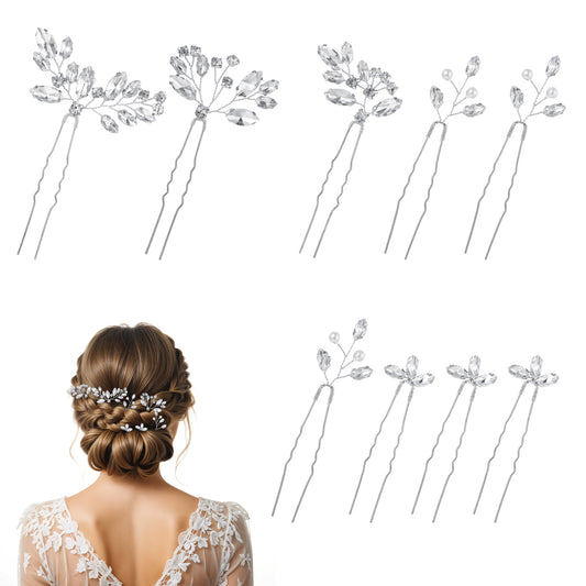 JIYIN 9 Pcs Crystal Bridal Wedding Hair Pins, Rhinestone Flower Bridal Hair Pins Bridal Silver Hair Accessories for Bride Bridesmaids Women