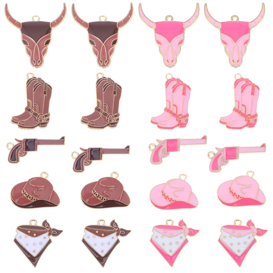 HJZHII Western Cowboy Charms for Jewelry Making, Boot Hat Horse Cactus Trinkets Enamel Charms for Necklace Earrings Bracelet Keychain Pendant DIY Crafts(Pink, Brown)