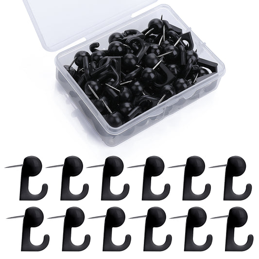 Molain 50 Pcs Black Push Pin Hooks, Plastic Heads Pin Tacks Hooks, Thumbtacks with Hooks, Bulletin Board Hooks,Push Pins for Wall Hanging,Cork Board,Map,Photos,Calendar, Home Office School