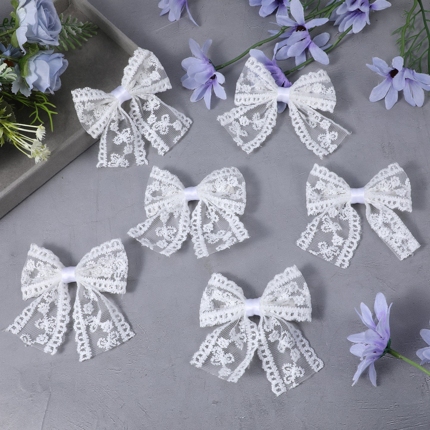 DOPENSPI 6 Pcs White Lace Hair Bow Clips with Long Tail Ribbon, White Lace Alligator Barrettes Pin Tulle Alligator Hairpins Hair Accessories for Gift Birthday Bride Wedding Women