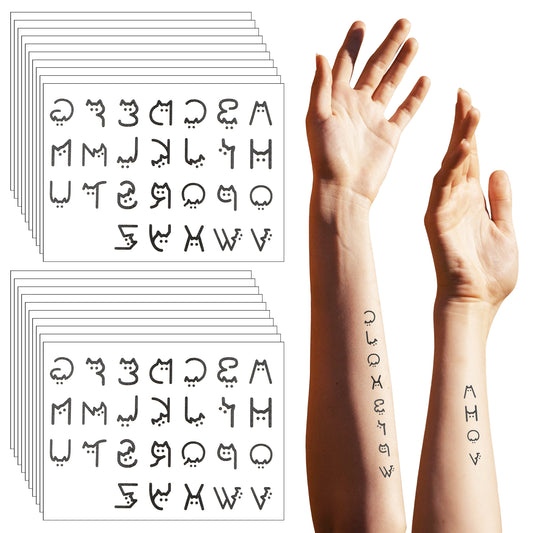 MBAIYO 20 Sheets Custom Temporary Tattoos, Self-Adhesive Alphabet Stickers Waterproof Cartoon Cat Cute Letters Small Black Tattoo Stickers DIY Name Tattoo Long Lasting Letter Decals for Women Men