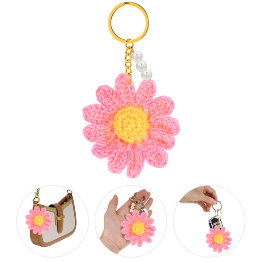 MBAIYO Crochet Daisy Keychain, Cute Flower Keychain Bag Charms for Women Floral Keyring Pink Daisy Decor Key Chain Daisy Gifts Accessories(Pink)