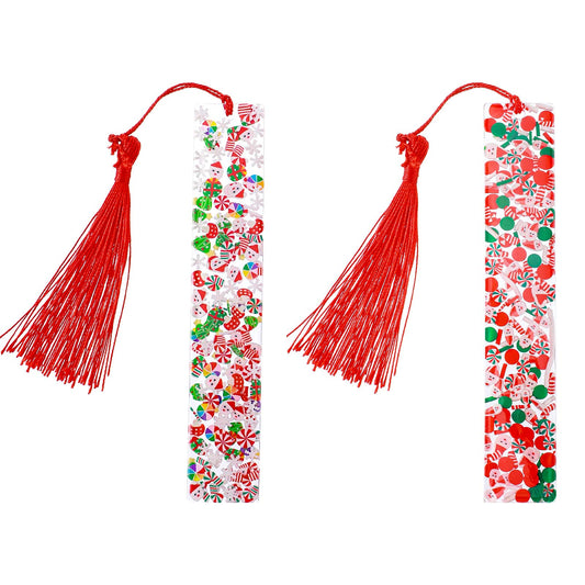 JIEYAO 2Pcs Christmas Resin Bookmarks, Transparent Xmas Bookmark with Tassel Cute Santa Book Mark Handmade Christmas Page Marker for Book Lovers Book Decoration