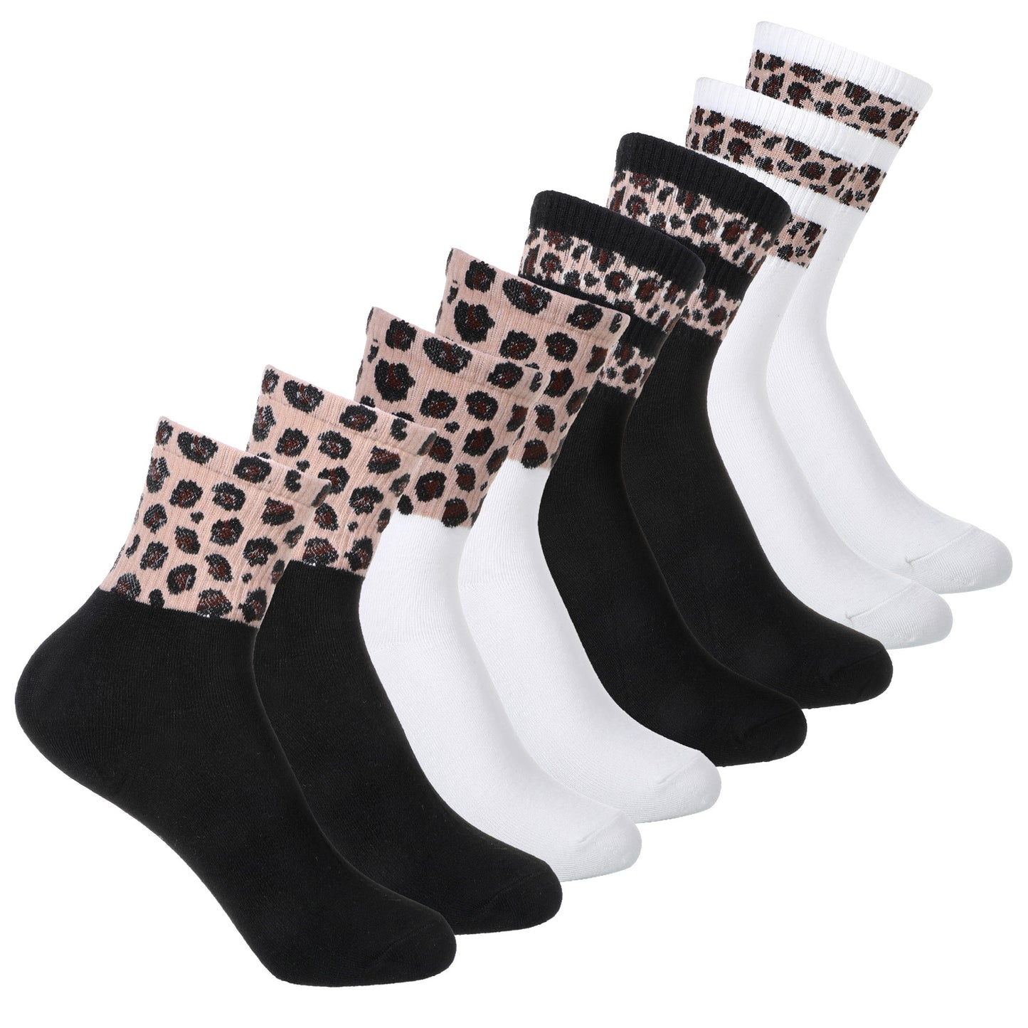 TIESOME 4 Pairs Leopard Print Women's Socks, Soft Breathable Cotton Tennis Sock, Casual Cute Girl Mid-calf Socks for Business Work Hiking Sport