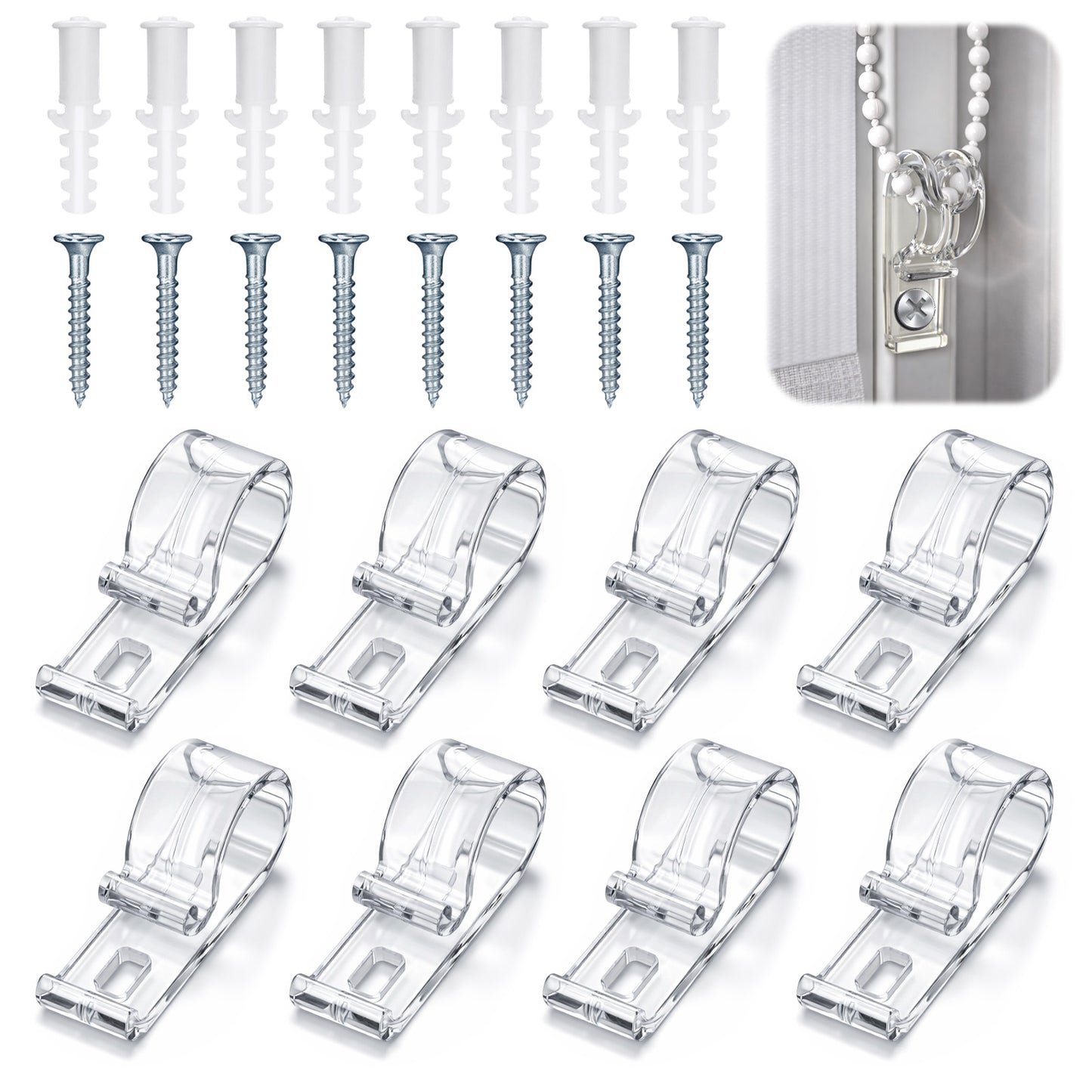 TIESOME 8 Pcs Blind Cord Safety Device, Clear Roller Shade Chain Retainer & Cord Guide P Clip, Tension Fixation Hook for Roller Blinds Cords Loop and Bead Chain