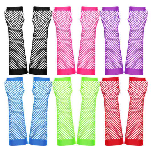 LXUEJIE 6 Pairs Fishnet Gloves Fingerless Neon Gloves, Long Fingerless Fishnet Arm Sleeves for Cosplay Halloween Party Scene Clothes for Women Men 80s Party Costume Accessories Supplies