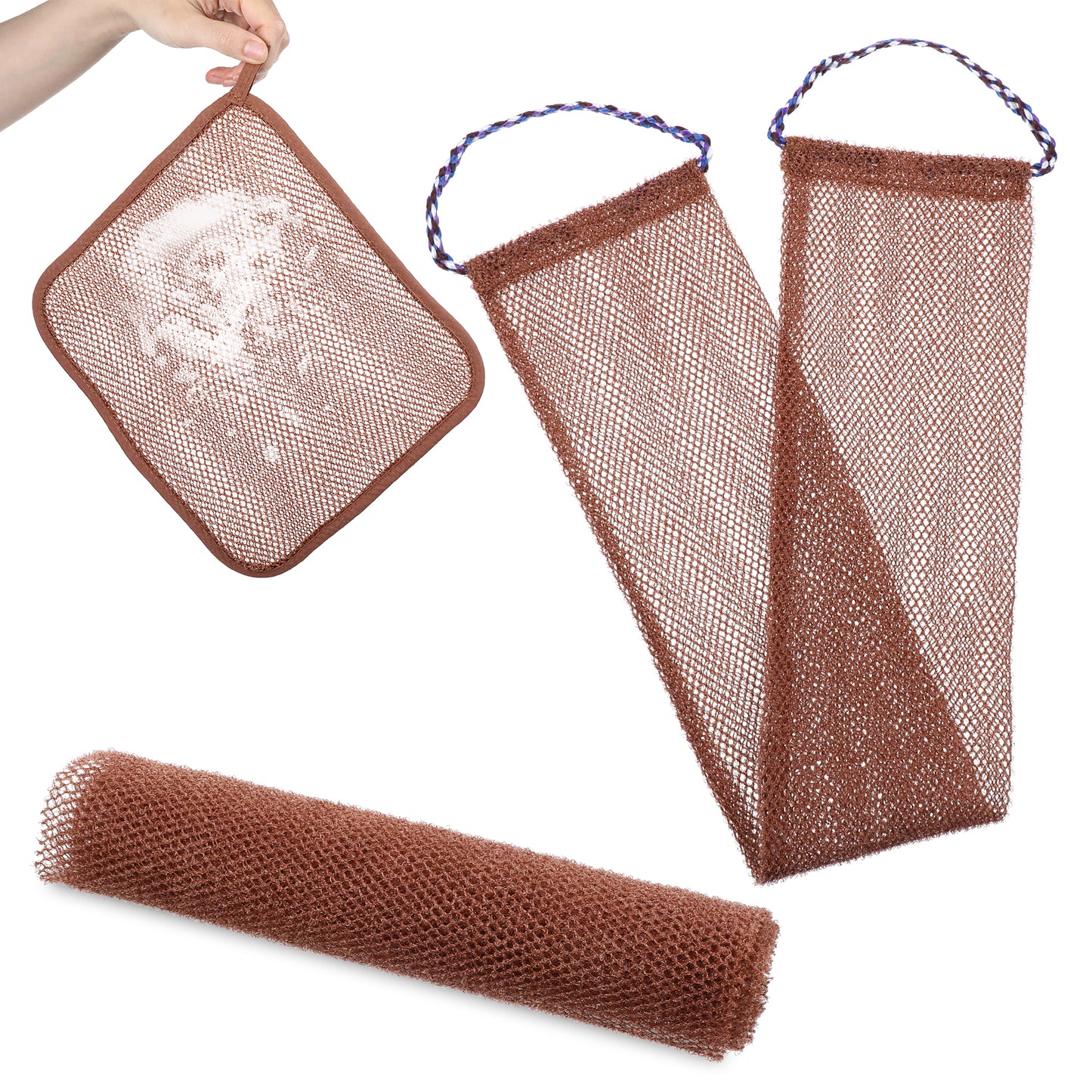 Yuanchu 3Pcs African Net Sponge Washcloth Set, Nylon African Exfoliating Net Long African Mesh Bath Sponge Body Scrubber Shower Essentials for Face Back(Brown)