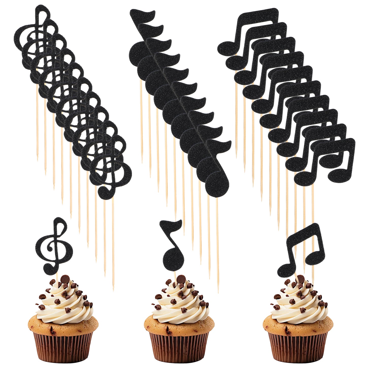 YUXMU 30 Pcs Music Notes Cake Toppers, Black Glitter Musical Symbol Cupcake Picks Music Theme Party Decorations with Wooden Toothpicks for Birthday Wedding Party Decorations