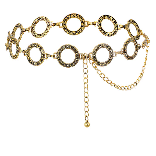 JIEYAO Gold O-Ring Chain Belts for Women, Metal Link Body Chain Belt Circle Waist Chain Belt Country Concert Outfit for Dress