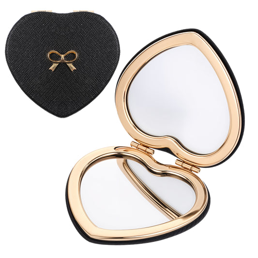 AOZUO Heart Shaped Compact Folding Mirror, Mini 1X/2X Magnifying Mirror Portable Travel Makeup Mirror Double-Sided Cute Cosmetic Mirror for Women Home Office and Travel(Black)