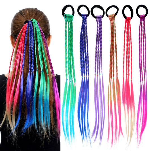 JJUNW 17 Inch Girls Rubber Bands Hair Extensions, Rainbow Braided Synthetic, Colorful Wigs for Women Girls Party Highlights Cosplay Dress Up (6PCS)
