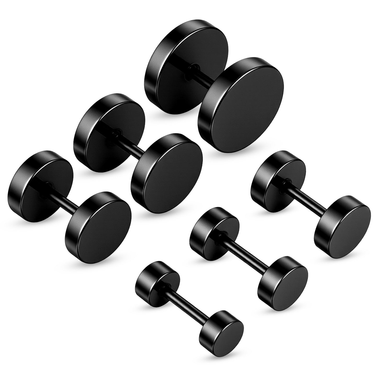 LIQWEI 6Pairs Fake Gauges Earrings, Stud Earrings for Men, Stainless Steel Screw Back Earring for Women Black Earring, Flat Fake Plugs for Men Women