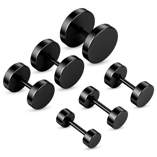 LIQWEI 6Pairs Fake Gauges Earrings, Stud Earrings for Men, Stainless Steel Screw Back Earring for Women Black Earring, Flat Fake Plugs for Men Women