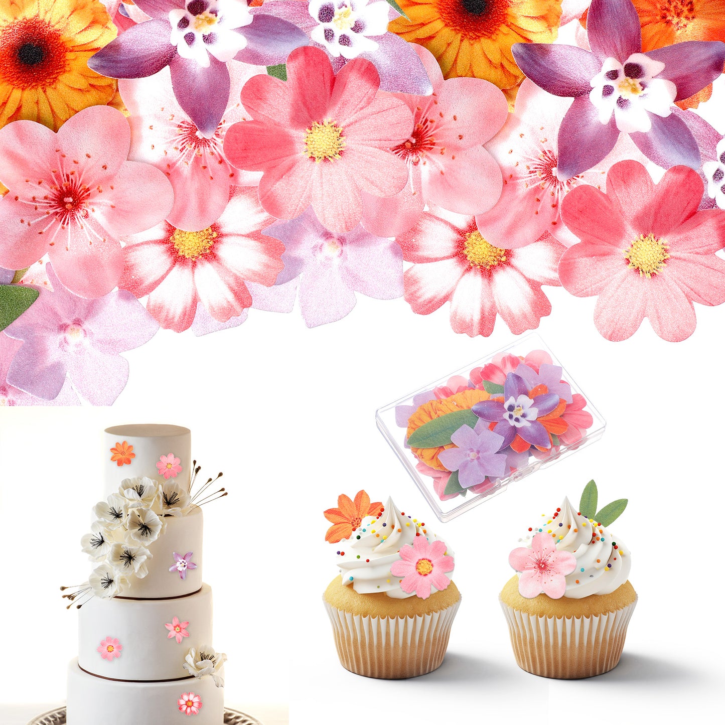 DOPENSPI 50PCS Edible Flowers Cake Decorations, Wafer Paper Edible Flower Cake Toppers Mixed Size Hawaiian Flowers for Cakes for Wedding Birthday Party Tropical Luau Themed Baby Shower Supplies