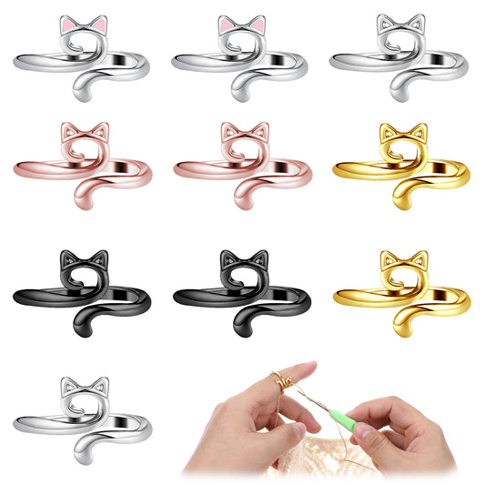 JIEYAO 10pcs Knitting Crochet Loop Ring, Cat Crochet Rings for Crocheting Adjustable Crochet Tension Ring for Finger Metal Open Yarn Guide Ring Faster Knitting Thimbles Holders Accessories for Women