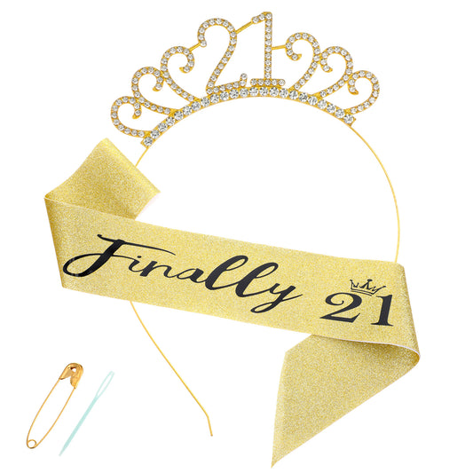 LXUEJIE 21st Birthday Sash and Crystal Tiara Crown for Decorations, Gold Crystal Tiara Crown, 21st Birthday Sash for Her Party Accessories, Decorations & Gifts(Gold)