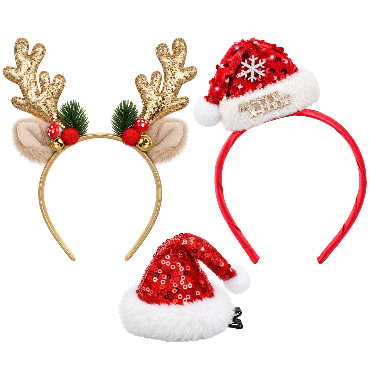 Yuanchu Christmas Headband Set, Glitter Elk Antlers & Hat