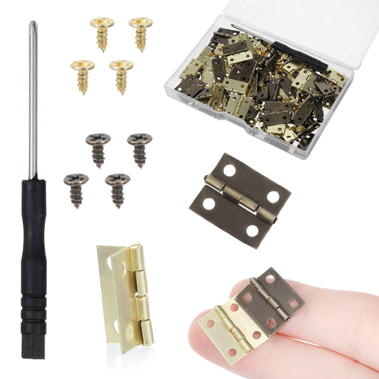 MBAIYO 60 Sets Small Hinges with Screws, Mini Hinges 270° Folding Iron Hinge 0.6 in Gold Bronze Mini Hinge for DIY Boxes Wood Jewelry Box Hardware Gate Drawer Miniature Butt Tiny