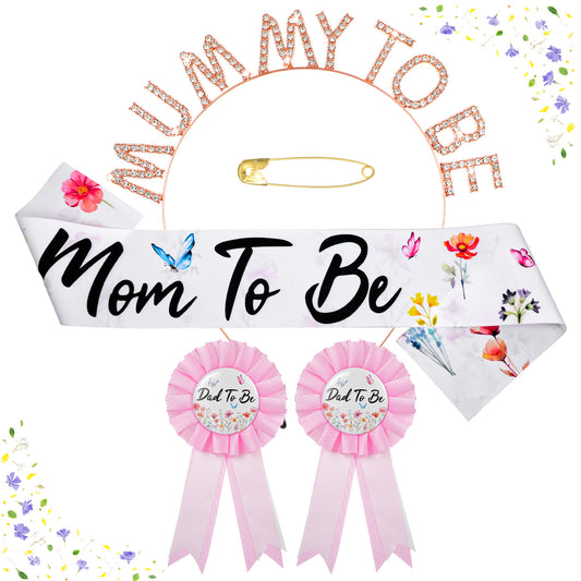MBAIYO Wildflower Mom To Be Sash Set, Baby Shower Decorations for Girl Includes Mom Dad To Be Pin and Adjustable Flower Crown for Pregnancy Party