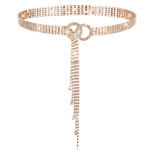 JIEYAO Rhinestone Belt for Women, Sparkle Crystal Waist Chain Belt Adjustable O-Ring Waistband Belt for Jeans Dresses(Gold)