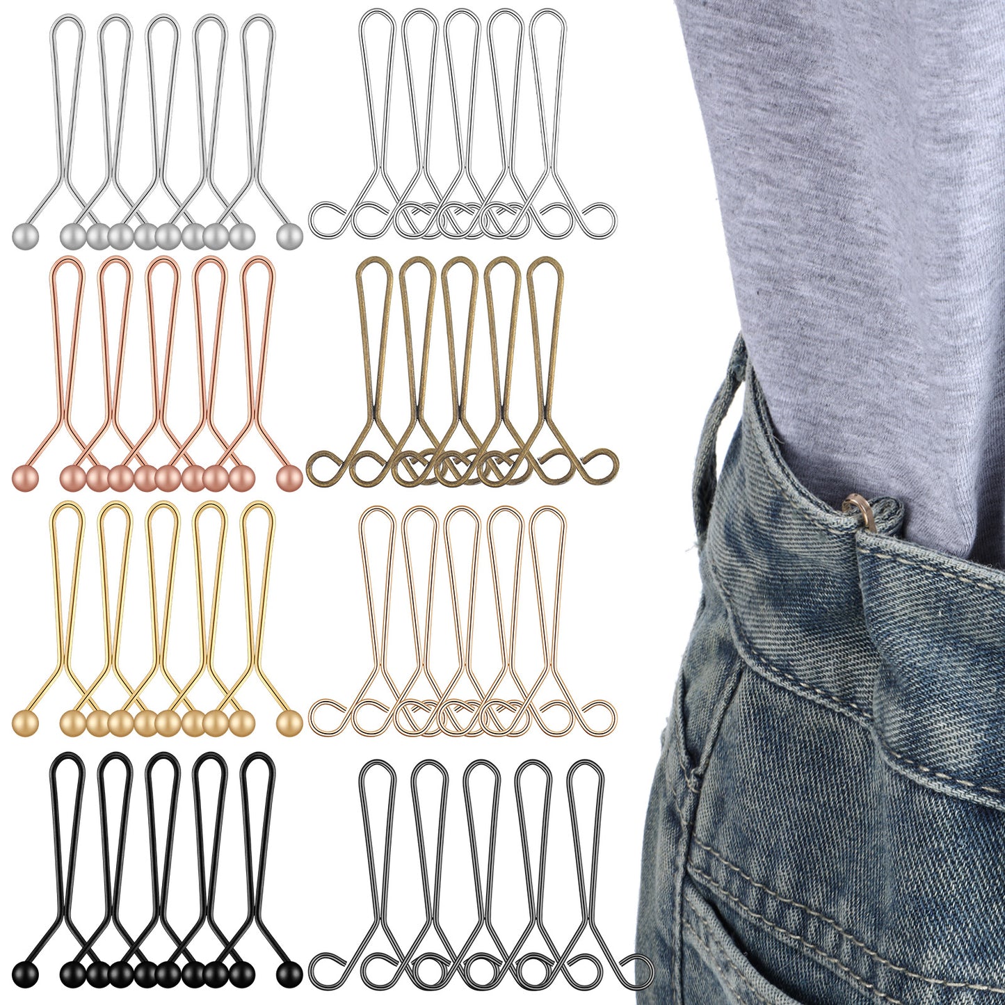 XLIUAX 40 Pack Pant Waist Tightener, 2 Styles Metal Pant Waist Tightener Buttons Pins for Loose Jeans No Sewing Required Adjustable Pants Clip for Trouser Jeans Skirts