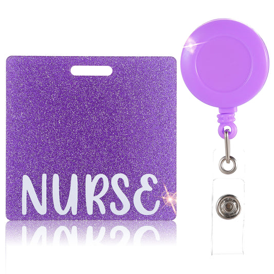 AOZUO Nurse Badge Buddy, Glitter Nurse Name Tag Badge Card Holder Bling Acrylic Nursing Identification ID Badge Card Accessories with Retractable Clip for Women Coworkers Resident Nurses(Purple)