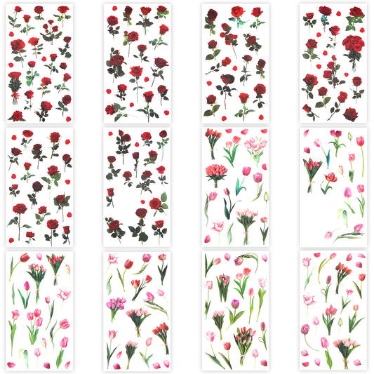 HJZHII Rose Sticker, 12 Pcs Natural Flower Stickers Tulip Flowers Wall Decal Vintage Rose Flower Stickers for Scrapbook Card Making Journaling Envelope Water Bottle DIY Crafts Room Decoration Collage