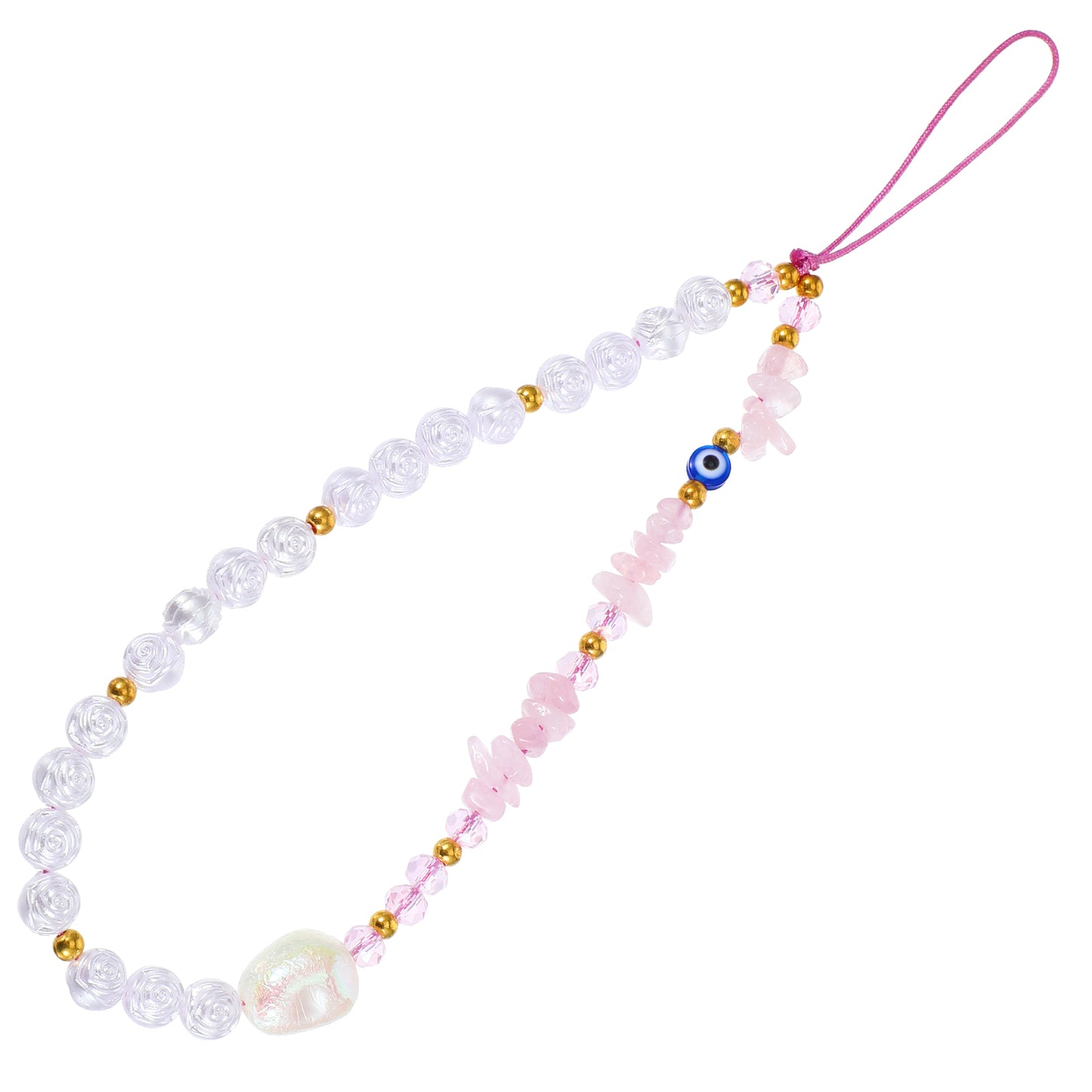 AOZUO Evil Eye Phone Charm, Flower Beaded Cell Phone Chain Strap White Pink Wrist Strap Evil EyeCell Phone Lanyard Cute Keychain for Women