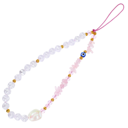 AOZUO Evil Eye Phone Charm, Flower Beaded Cell Phone Chain Strap White Pink Wrist Strap Evil EyeCell Phone Lanyard Cute Keychain for Women