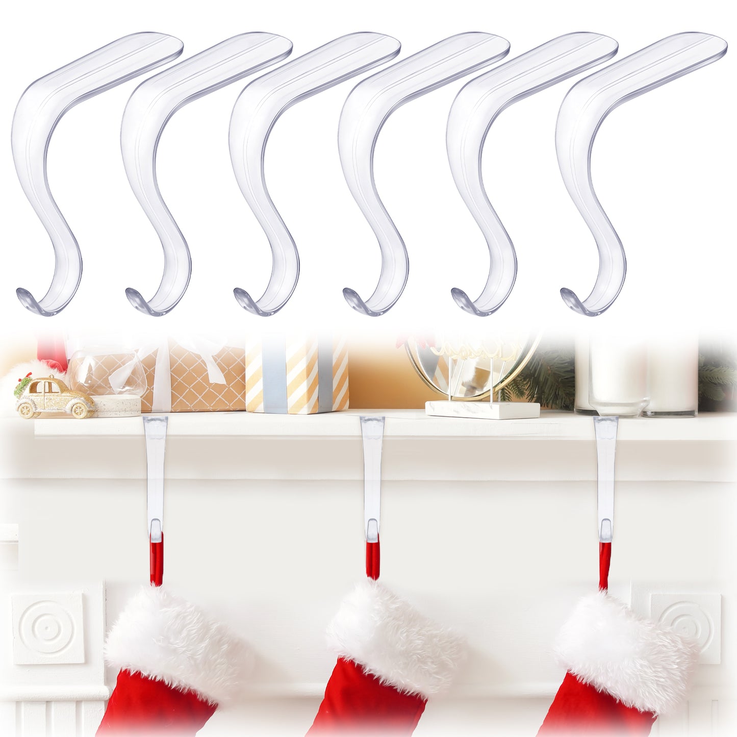 GEEHUA Christmas Stocking Holders for Mantel, Acrylic Stocking Hangers Non-Slip Fireplace Stocking Hanger Transparent Stocking Hooks for Xmas Party Decor Desk Fireplace Bar Restaurant