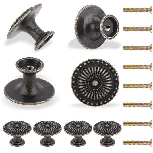 Giantree 8Pcs Antique Brass Cabinet Knobs, Vintage Retro Drawer Knobs, Weathered Gold Sunburst Pattern Flat Drawer Pulls, Matte Drawer Knobs for Nightstands Single Hole Cabinet Hardware(Black 25*19mm)